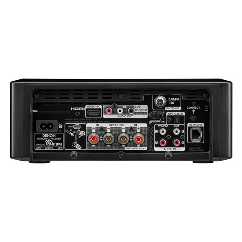 Denon Ceol N12Dab Denon network cd receiver rcd-n12dab rear panel with hdmi arc, optical, phono, aux, rca speaker outputs, and network port.