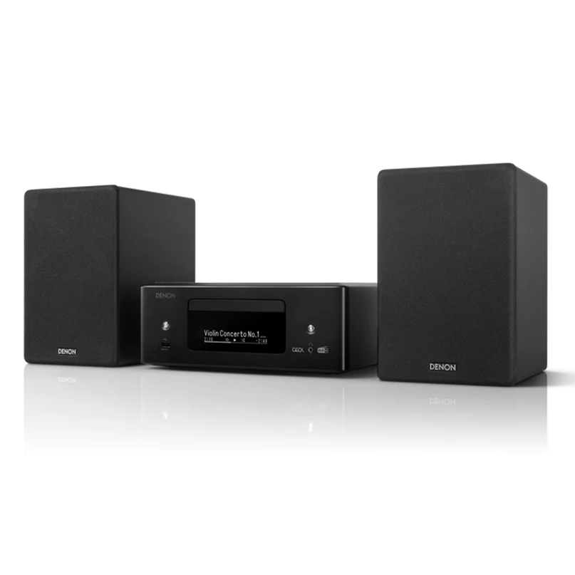 Denon Ceol N12Dab Denon compact 2. 1 stereo system with two bookshelf speakers and a central receiver with a digital display.