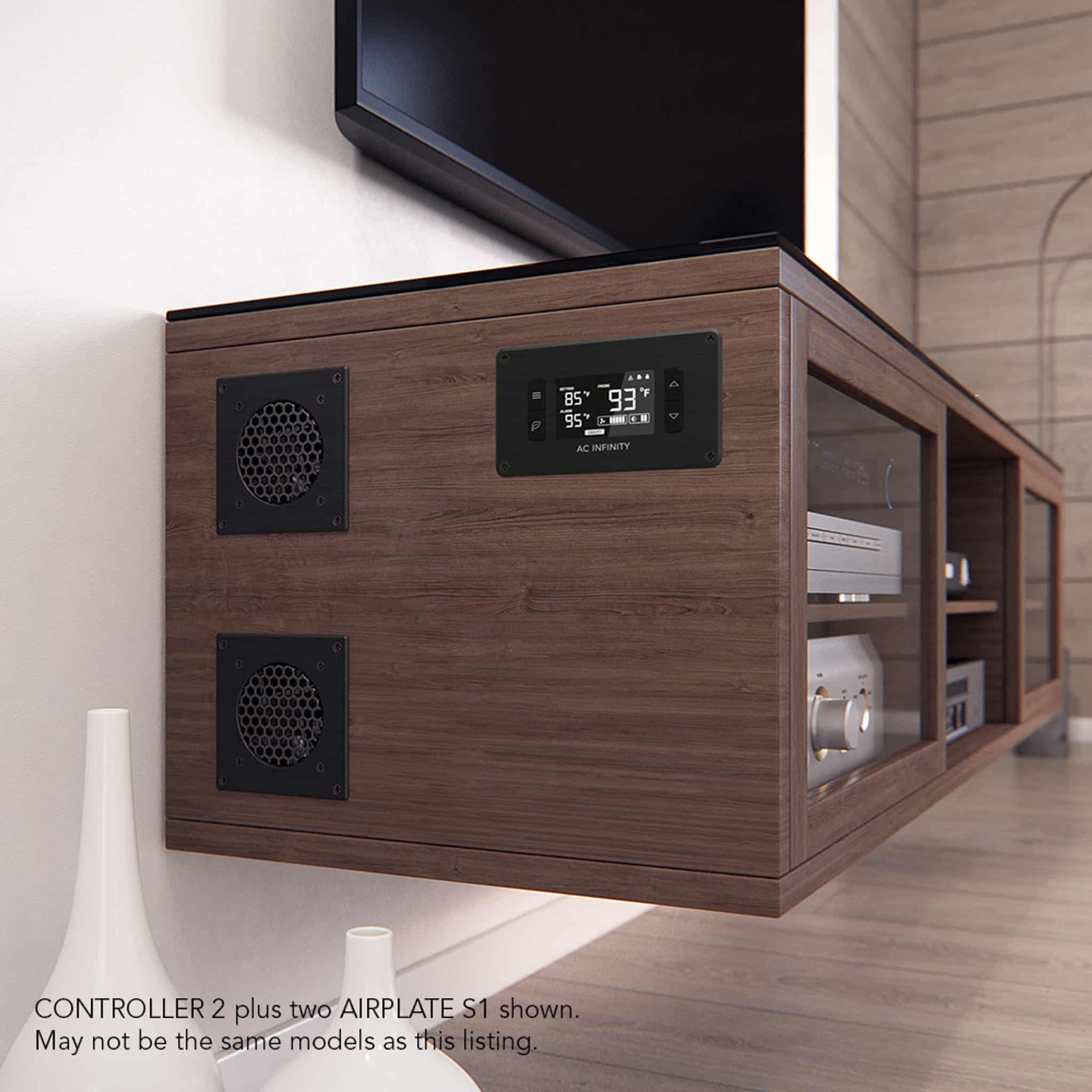 Ac Infinity Controller 2 Wooden media cabinet with ac infinity airplate s1 controller panel, two cooling fans, and a mounted flat-screen tv.
