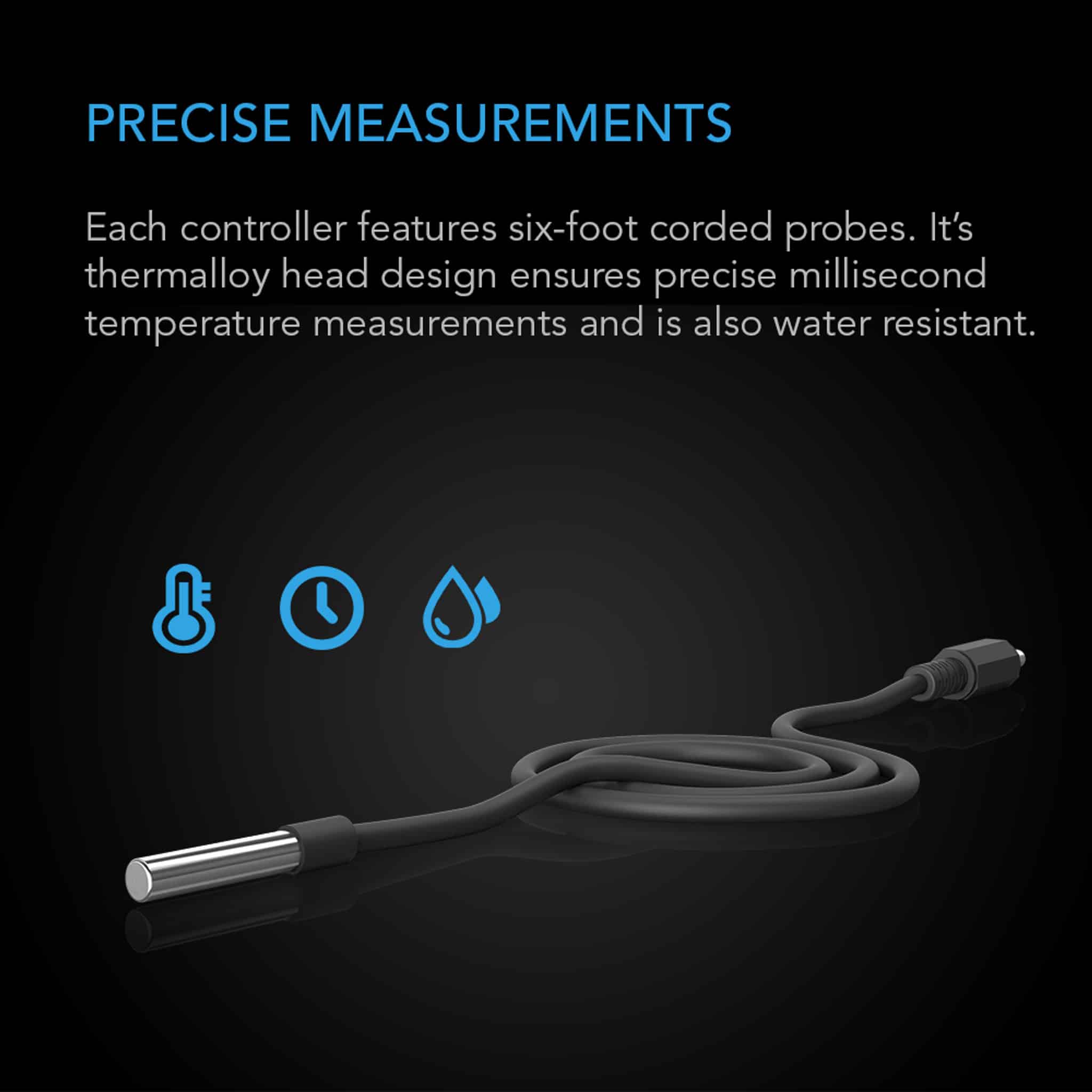 Ac Infinity Controller 2 Six-foot corded temperature probe with cylindrical metal tip and gray insulated cable