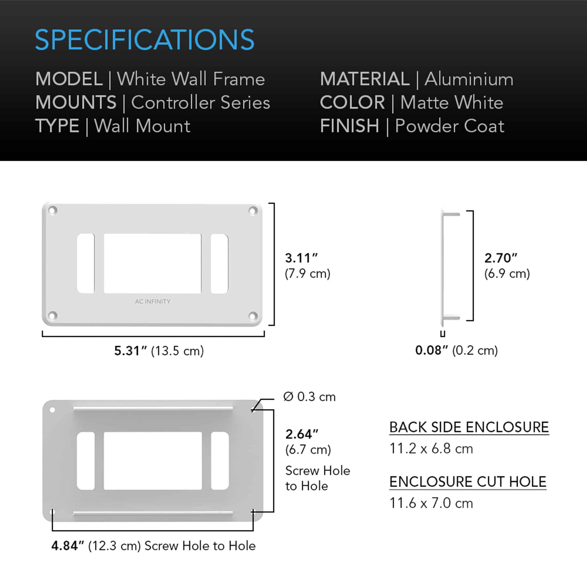 Ac Infinity White Controller Frame Ac infinity controller series white wall frame wall-mount enclosure in matte white aluminum with powder-coat finish.