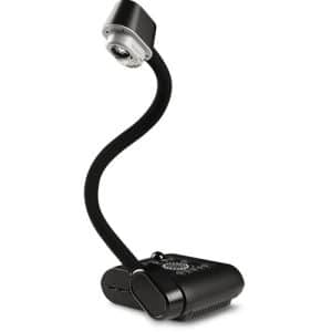 Black gooseneck desk lamp with curved neck and small round adjustable head.