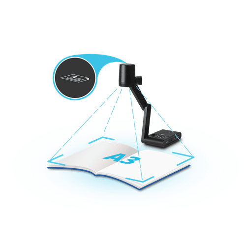 Aver M90Uhd Adjustable desk lamp with a built-in camera over an open notebook displaying page 43.