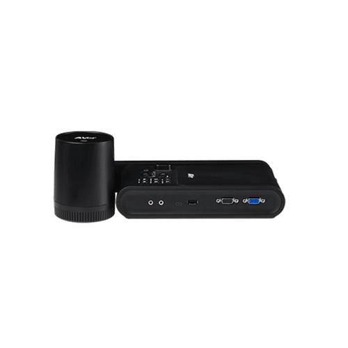 Aver M90Uhd Aver compact mini pc with cylindrical external component and usb, hdmi, and vga ports.