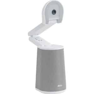 Awei cylindrical fabric Bluetooth speaker with a white adjustable arm and built-in camera
