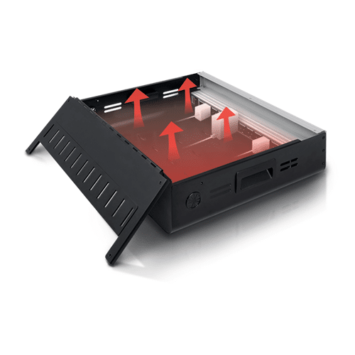 Aver E12 Black external hard drive enclosure with removable lid, open top showing internal bays and red cooling airflow arrows.