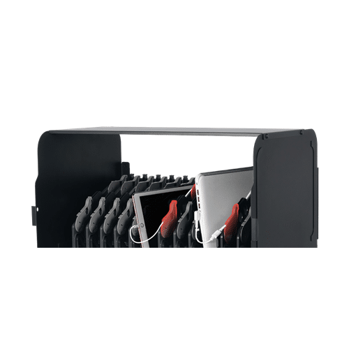 Aver E12 Black multi-device tablet charging station with numerous slots and two tablets plugged in.