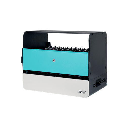 Aver E12 Aver desktop punch/binder with teal front panel, white base, and a row of punching heads.