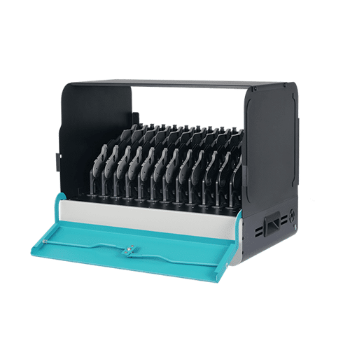 Aver E12 Black plastic dish drying rack with teal front drip tray and multiple vertical utensil slots.