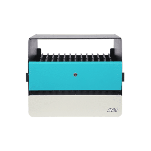 Avery binding machine with teal front panel, beige base, and a row of metal pins inside a black frame.