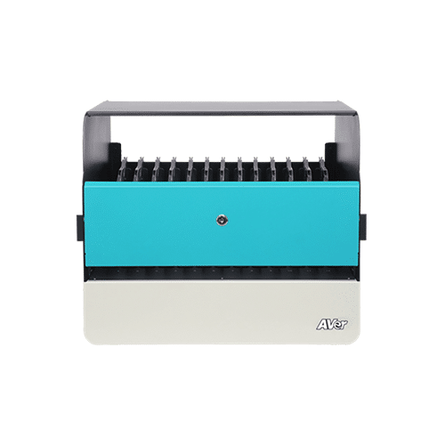 Aver E12 Avery binding machine with teal front panel, beige base, and a row of metal pins inside a black frame.