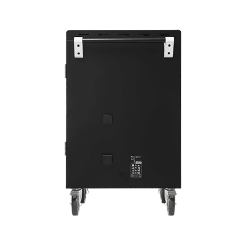 Aver E32C+ Black portable equipment cabinet on caster wheels with silver mounting brackets along the top edge.