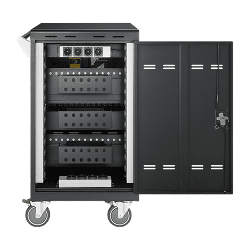 Aver E32C+ Portable server rack cabinet on wheels with lockable door and three ventilated rack shelves.