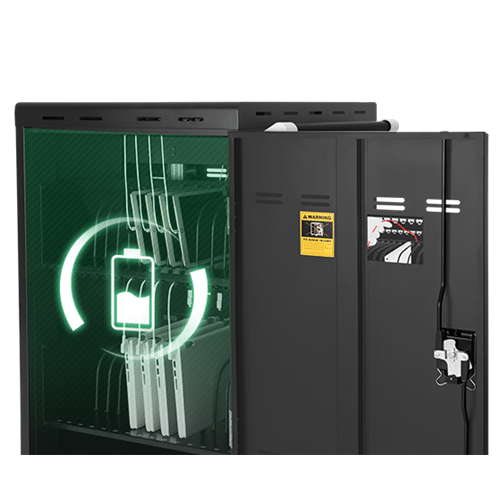 Aver E32C+ Black industrial equipment cabinet with glass door, green illuminated inner circuitry ring, and a padlock on the front.
