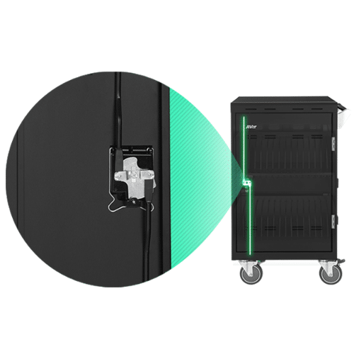 Aver E32C+ An aver brand rolling tool cabinet with multiple drawers on caster wheels.