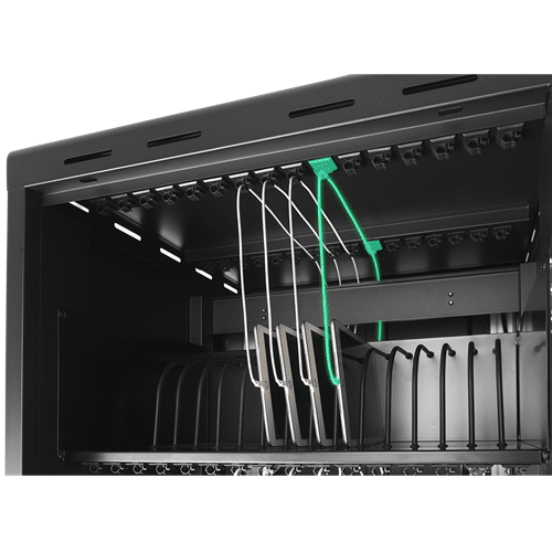 Aver E32C+ Interior of a dishwasher showing a knife rack and metal utensils on a black rack with green indicators.