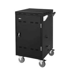 AVer mobile equipment cabinet on four casters with lockable front door, vented panels, and top handle.