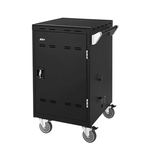 Aver E32C+ Aver mobile equipment cabinet on four casters with lockable front door, vented panels, and top handle.