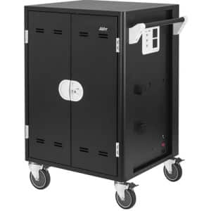 AVer two-door portable AV equipment cabinet on wheels with vented doors and a central circular lock.