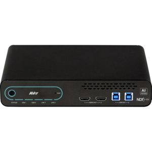 AVer video encoder with HDMI output, two USB 3.0 ports, two LAN ports, and NDI|HX support.
