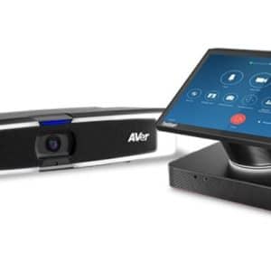 AVer video conferencing system with a camera bar and a touchscreen monitor on a stand.