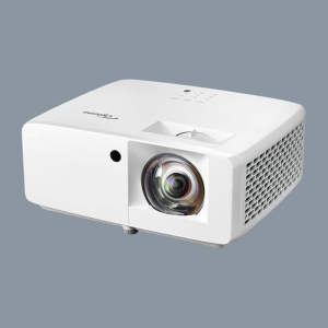 White Optoma projector with large front lens, compact rectangular body, top controls, and side ventilation grille.