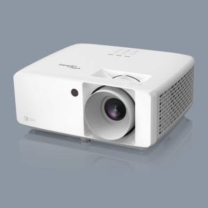 White projector with large front lens, compact body, top control panel, and side ventilation grille.