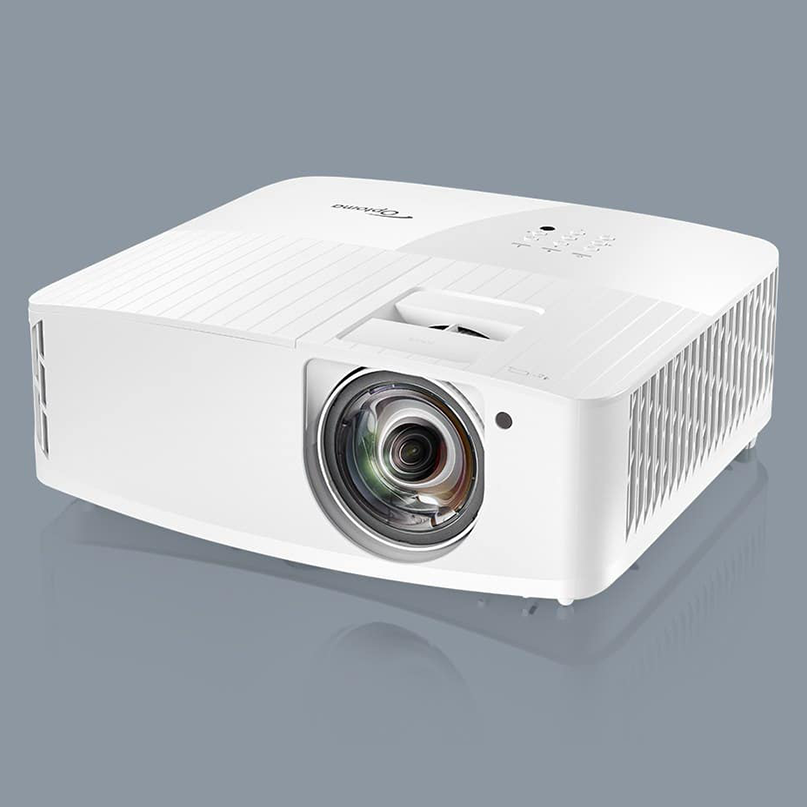 Optoma Gt2160Hdr White multimedia projector with a large front lens, top control panel, and side ventilation.