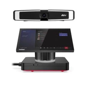AVer conference camera mounted above a Lenovo ThinkSmart touchscreen video conferencing system.
