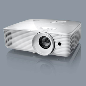 White multimedia projector with large central lens and grooved side vents.