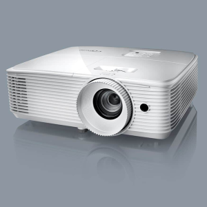 White multimedia projector with a large central lens, ribbed sides, and a top control panel.