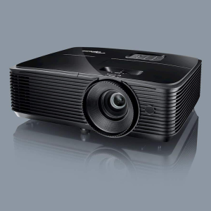 Black multimedia projector with a large front lens and ribbed vented sides.