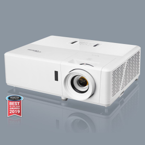 White multimedia projector with large front lens, top control panel, side ventilation, and a 2019 Best of the Year badge.