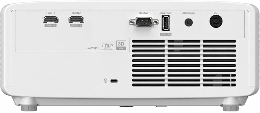 Optoma Zw350E Rear view of a white dlp projector with two hdmi ports, rs-232, power input, audio output, and large vent grille.
