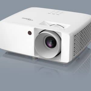 White Optoma projector with large front lens, side ventilation grilles, and desktop footprint.