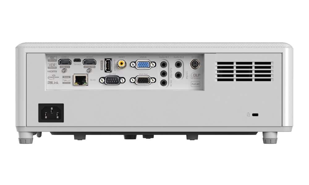 Optoma Zh507 Rear view of a digital projector with hdmi, vga, audio, usb, and rs-232 ports.