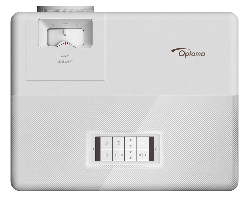 Optoma Zh507 Optoma projector with top-left zoom and lens-shift dial, white rectangular body, central control panel.