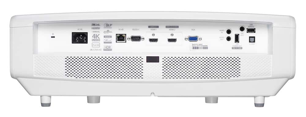 Optoma Zk507 White projector rear view with 4k dlp, multiple hdmi ports, lan, usb, audio jacks, and large ventilation grille.