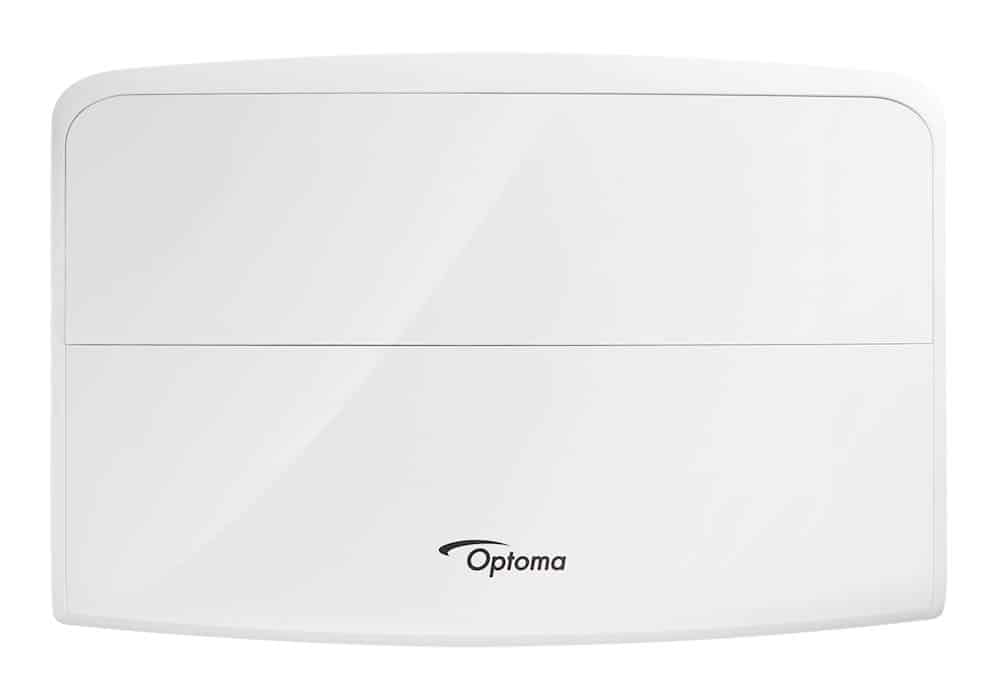 Optoma Zk507 Optoma white wall-mounted projector screen housing with curved corners and a horizontal seam.