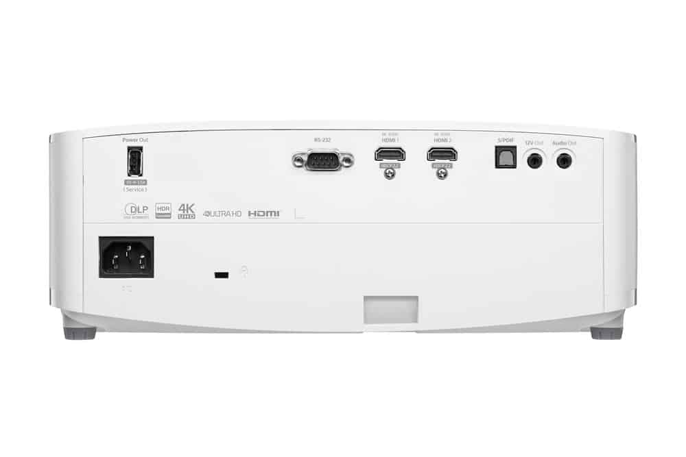Optoma Gt2160Hdr Rear panel of a white dlp 4k uhd projector with hdmi, usb, rs-232, and audio input/output ports.