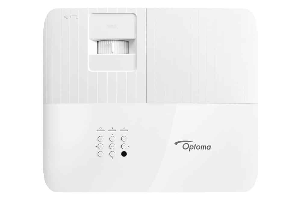 Optoma Gt2160Hdr White optoma projector with front control buttons and rounded design.