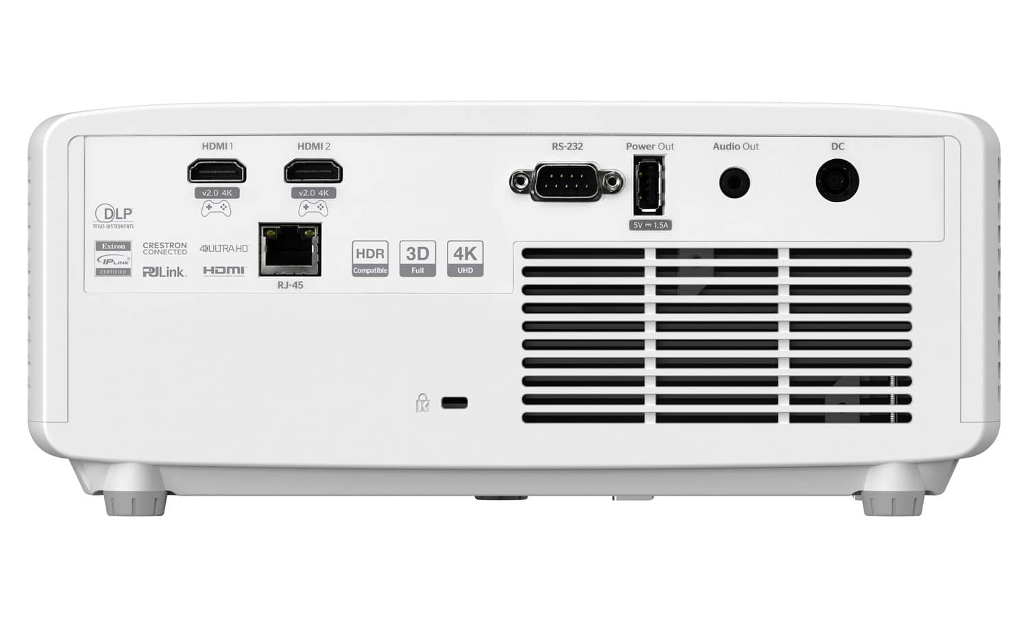 Optoma Zk430St White multimedia projector back panel with hdmi ports, rs-232, rj-45, audio out, and dc power input