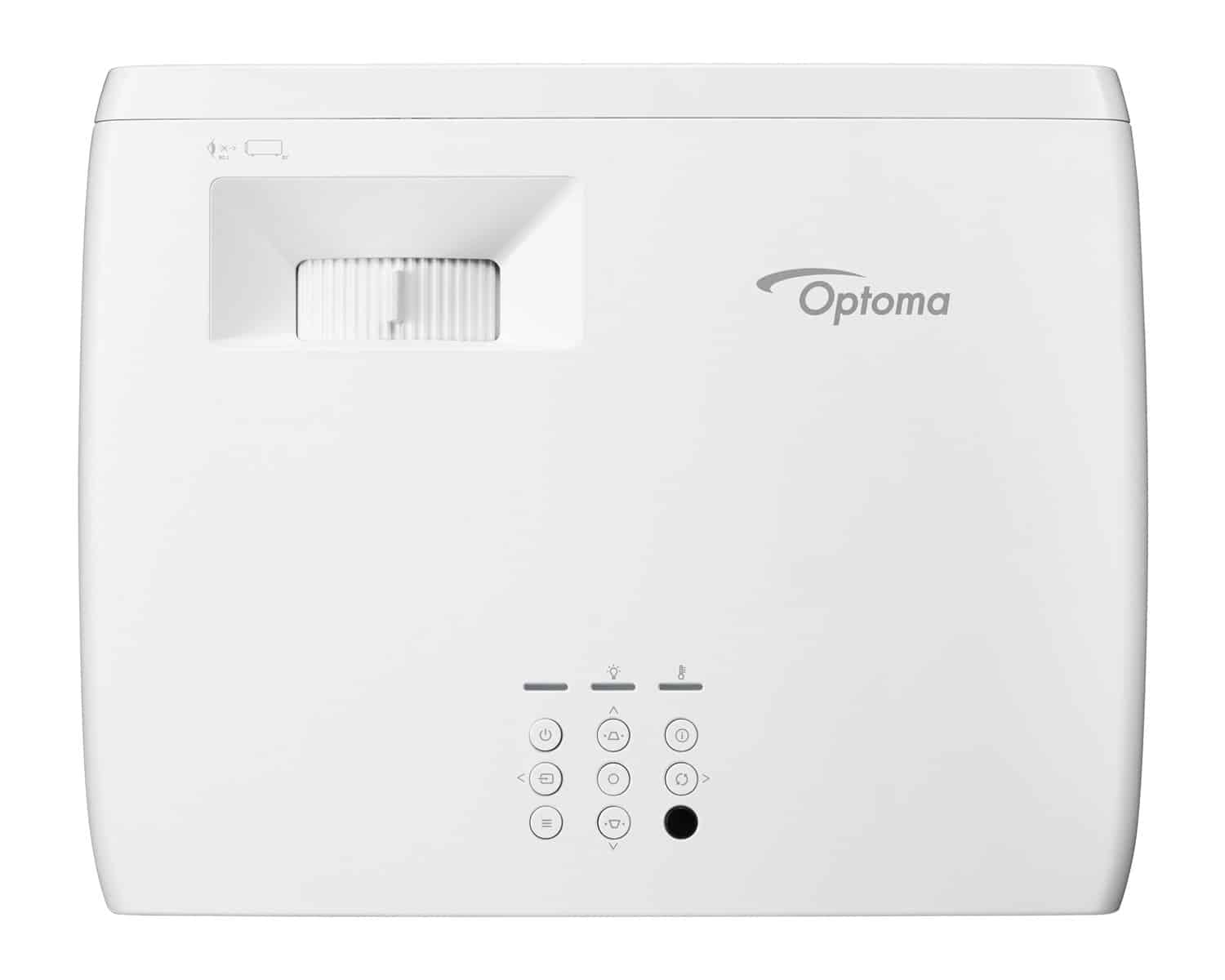 Optoma Zk430St Optoma white projector with a top control panel and focus/zoom dial.