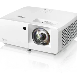 Optoma white projector with front lens, side ventilation grid, and adjustable feet.