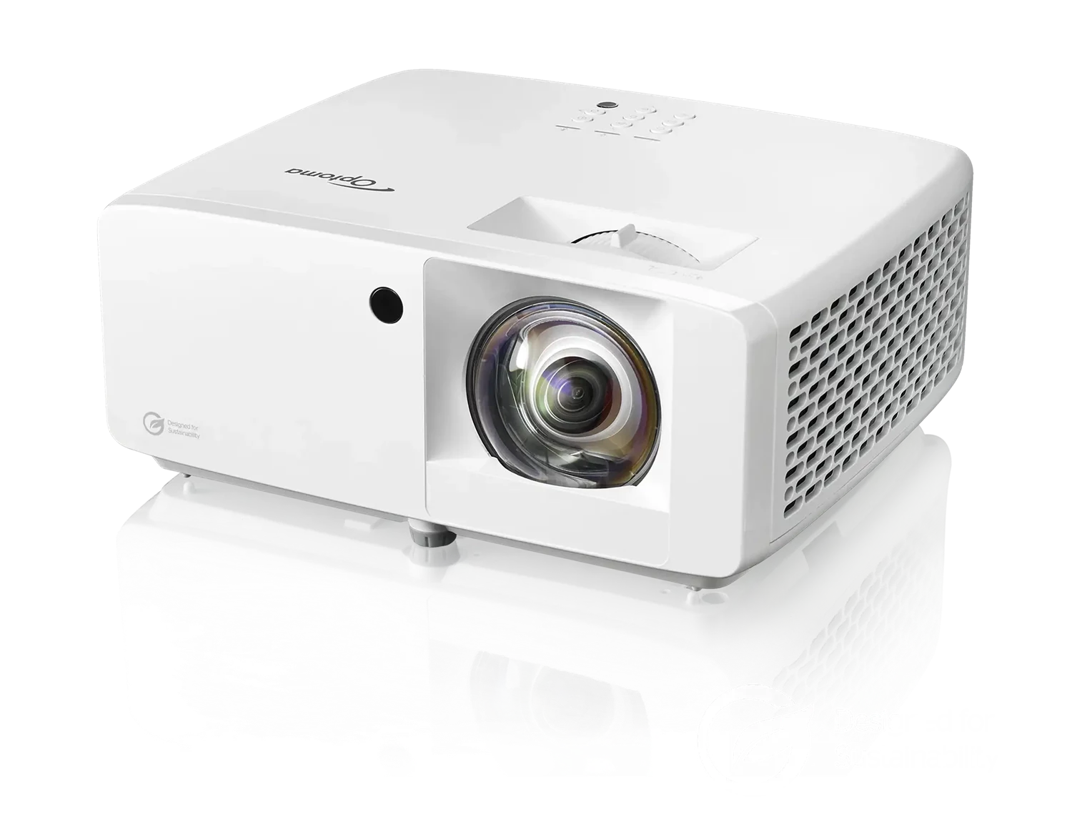 Optoma Zk430St Optoma white projector with front lens, side ventilation grid, and adjustable feet.