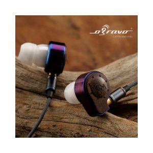 Bravo in-ear monitors with gradient purple-to-blue metal housings, white silicone ear tips, and braided cable.