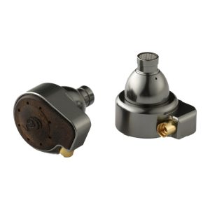 Two small electret microphone capsules with metal housings and mesh caps, mounted on circular bases with gold terminals.