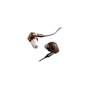 Bronze-colored in-ear monitor earbuds with white silicone tips and braided cable.