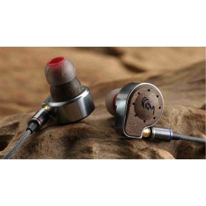 Two in-ear monitors (IEMs) with wooden faceplates, metal shells, red ear tips, and braided cable.
