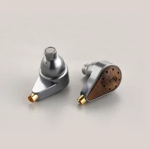 Metal in-ear monitors with wooden back plates and gold-plated connectors.